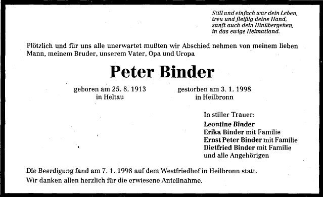 Binder Peter 1913-1998 Todesanzeige